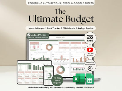 Ultimate Annual Budget Template: Excel & Google Sheets Monthly Tracker, Bill & Debt Planner