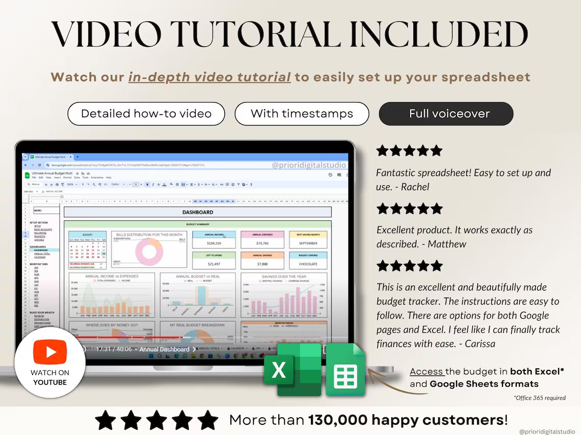 Ultimate Annual Budget Template: Excel & Google Sheets Monthly Tracker, Bill & Debt Planner
